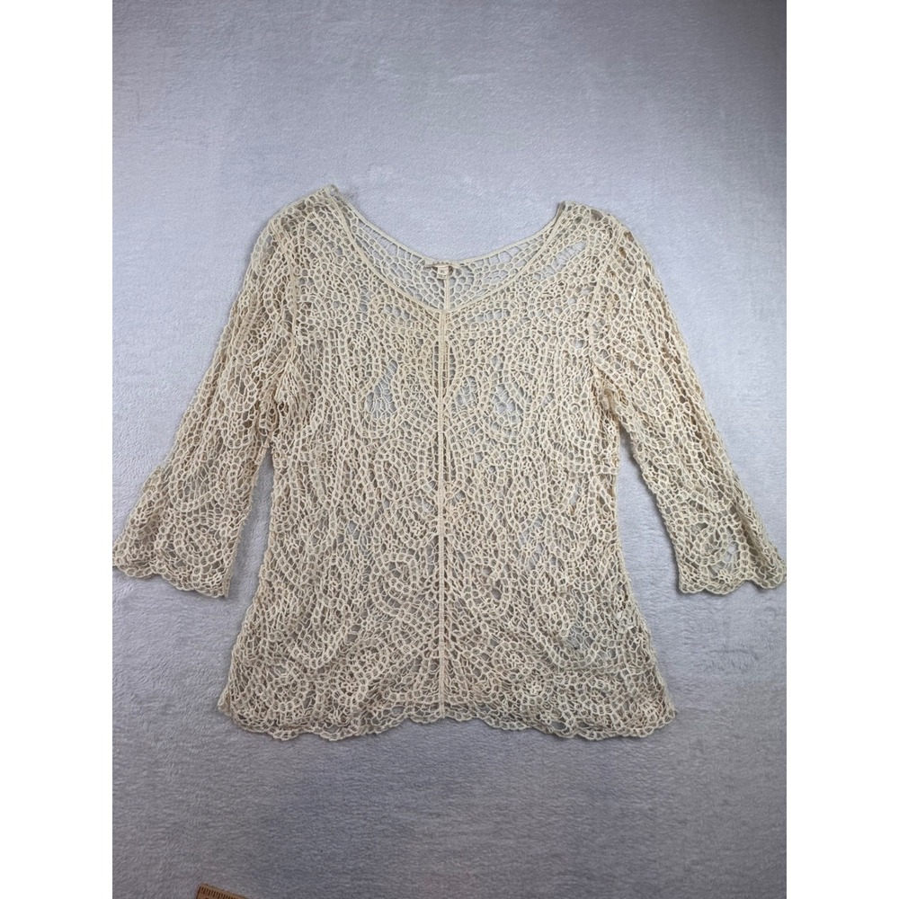 Adiva Crochet Lace Top XL Cream Ivory V-Neck 3/4 Sleeve Boho Open Knit Floral